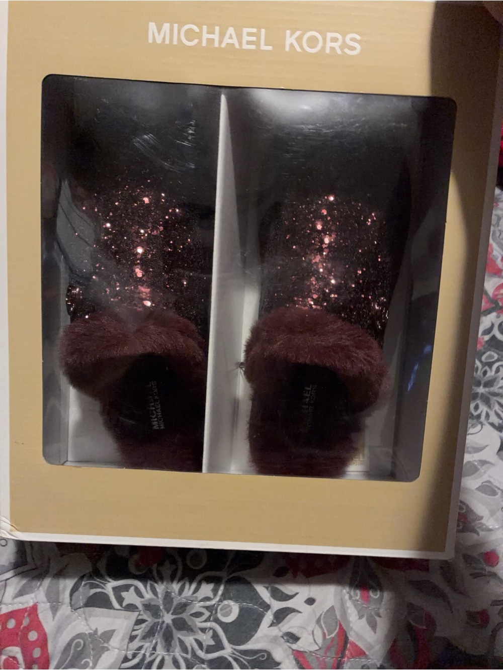 Michael Kors Wine Glitter Faux-Fur Slide Sandals